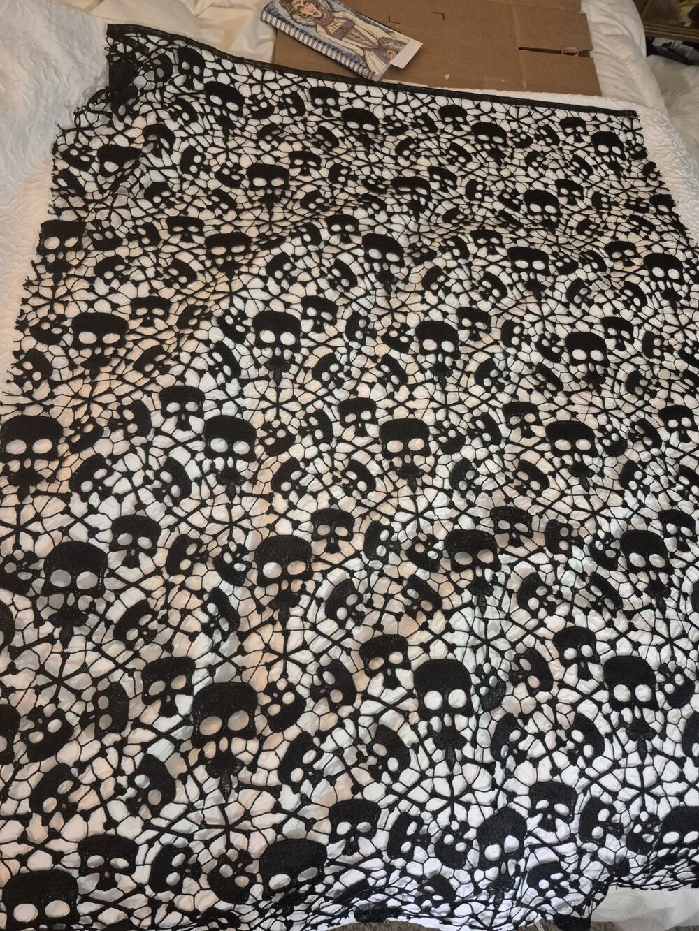 💥 Skull Black Lace Embroidery Witching Hour Halloween 36 X 47 New Fabric A2